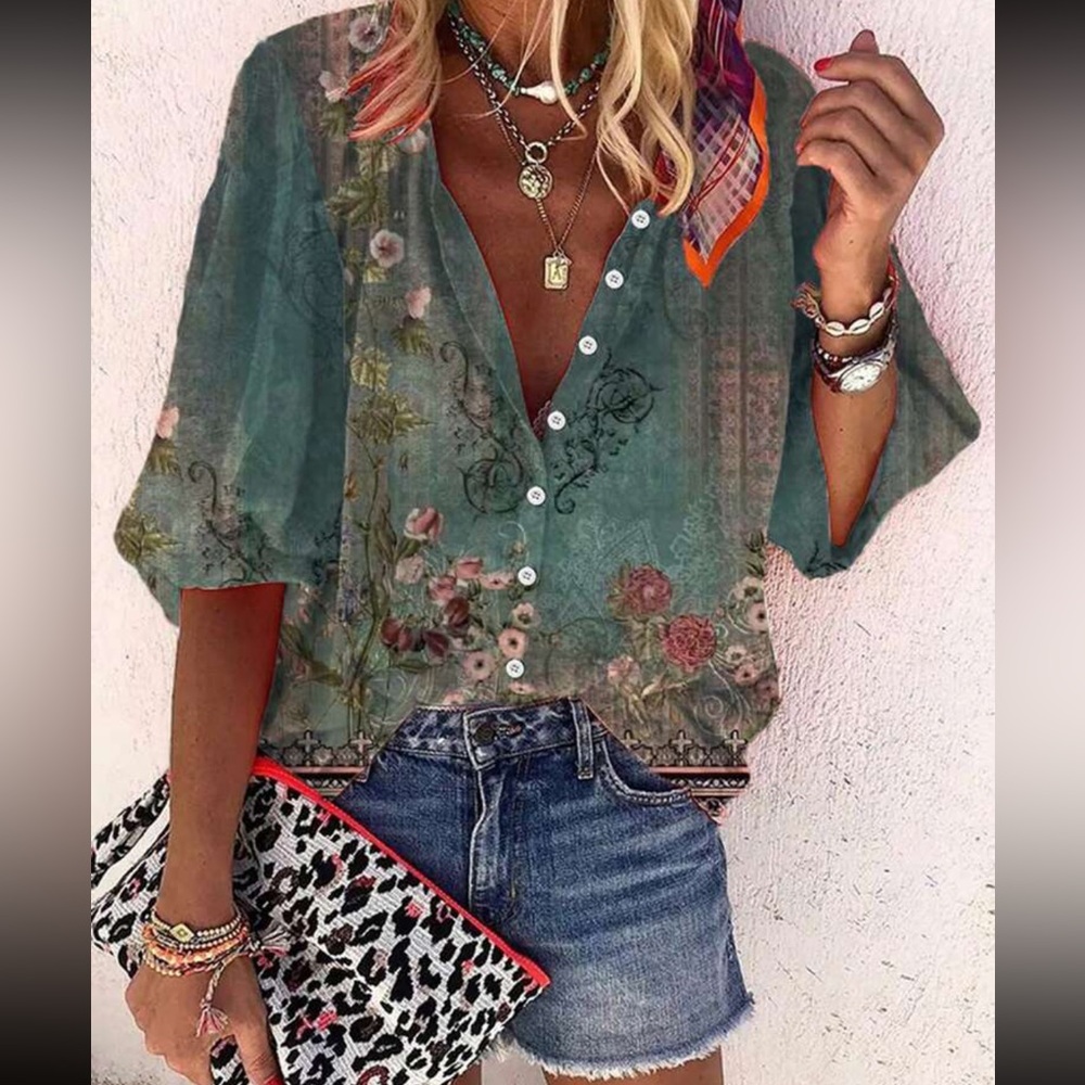 Boho western vintage floral print button down  blouse
